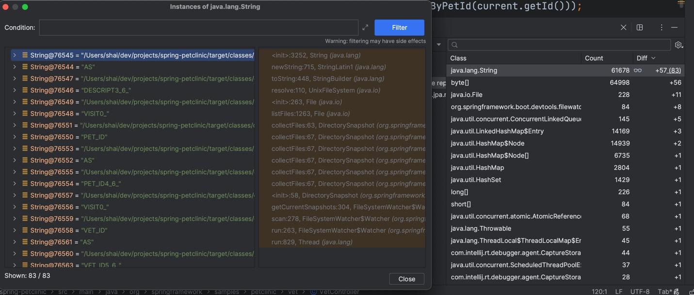 Tracking the allocation of a specific object, java.lang.String, with the Track New Instances option.