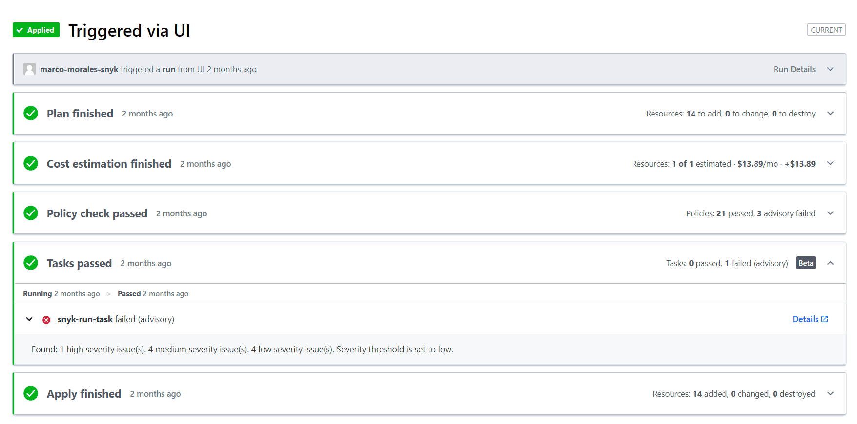 A deployment is scanned against Snyk’s predefined security and compliance rulesets in Terraform Cloud.