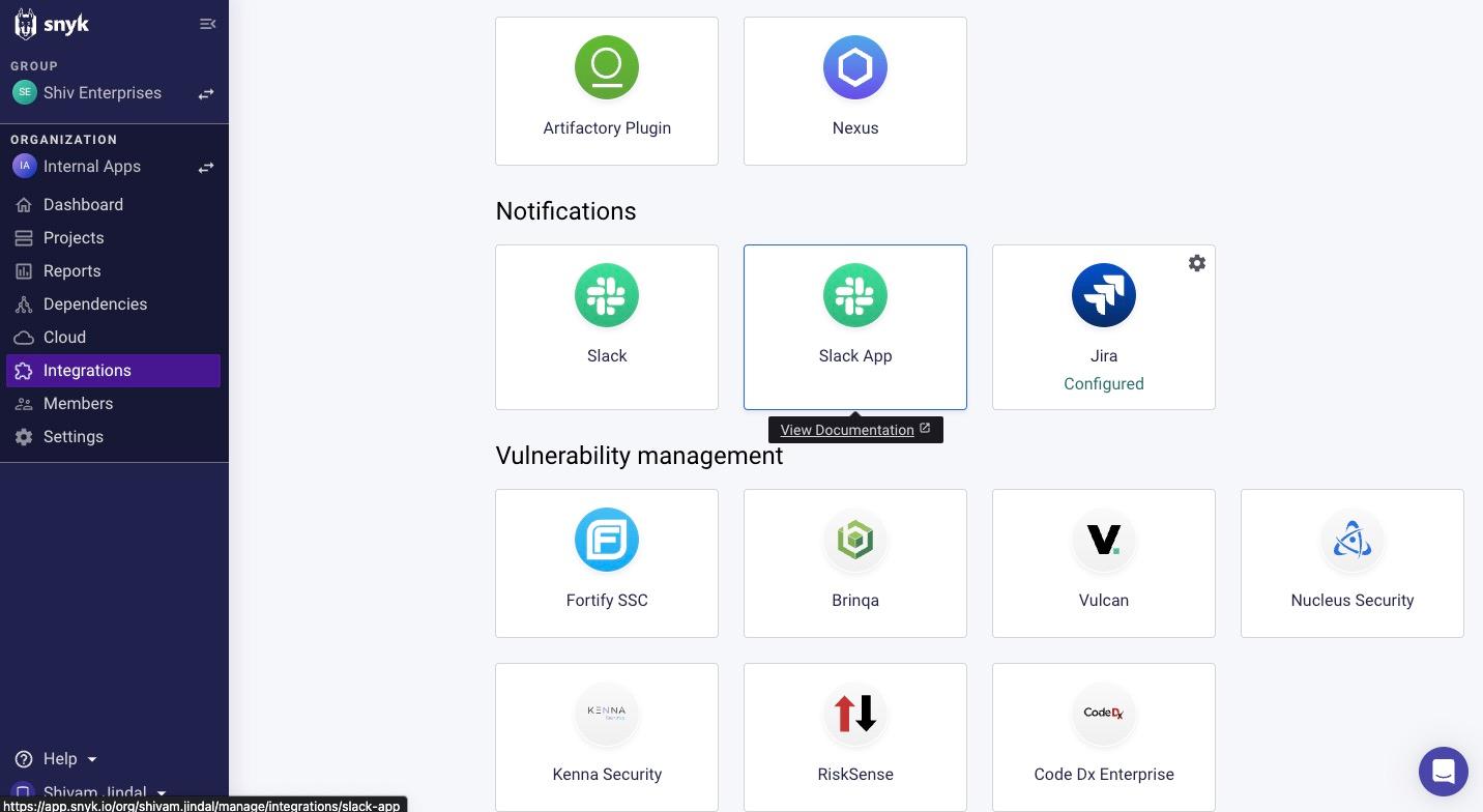 Button for the Slack App is highlighted under the notifications section of your integrations in the Snyk UI settings.