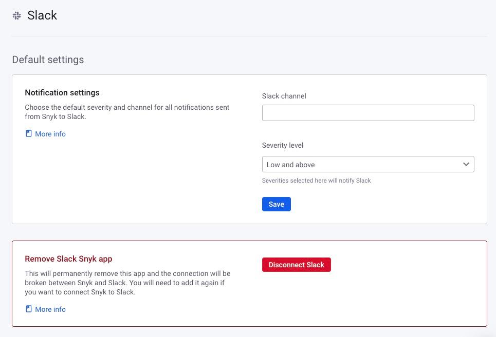 Screenshot of the notification settings for the Snyk app for Slack, where users can customize notifications and set thresholds based on the severity of a vulnerability (e.g. only notify for critical/high severity vulns).