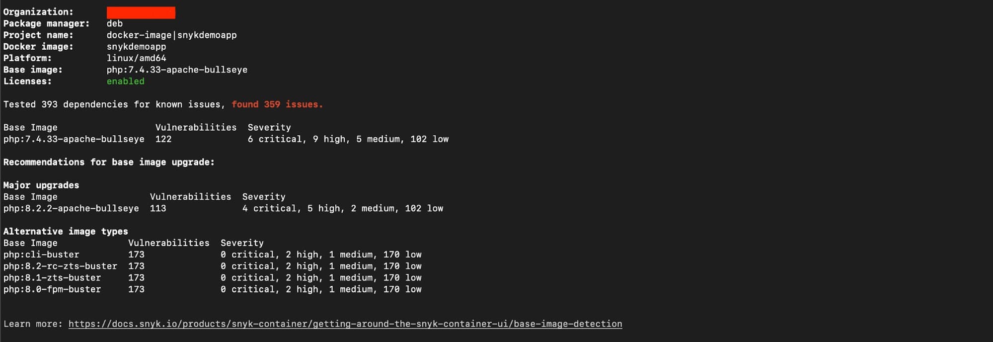 PHP 8.2 container image scan results showing security vulnerabilities status from Snyk container test.