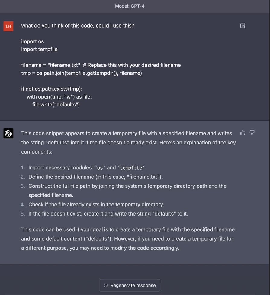 ChatGPT fails to identify a TOCTOU (time of check time of use) attack related to known locations of the operating system's temporary directory.