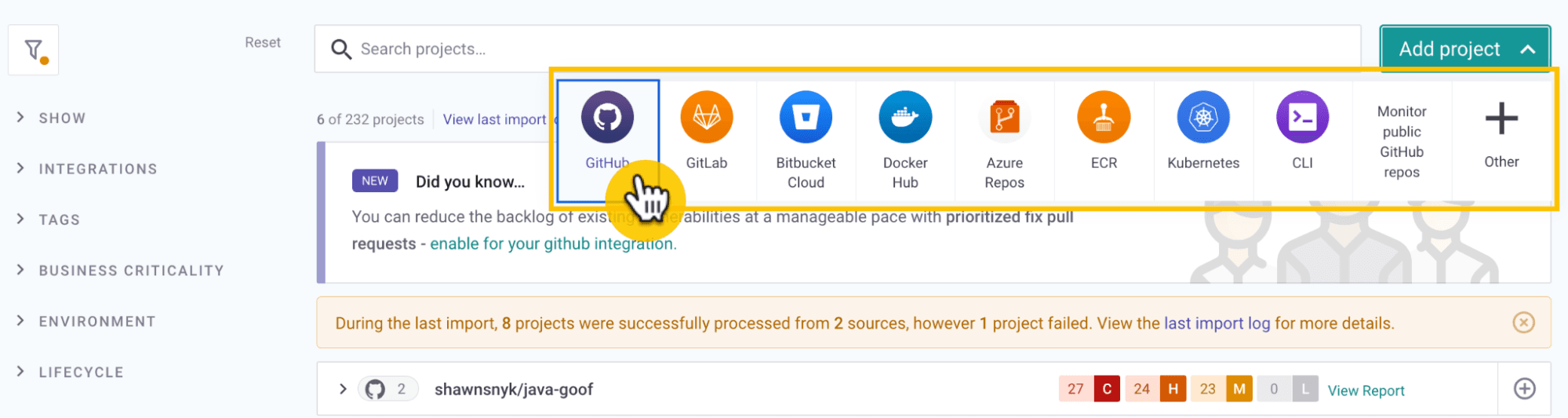 Import GitHub repositories to Snyk.