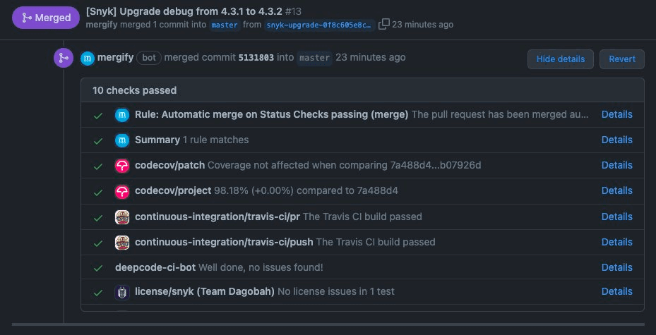 A Snyk dependency upgrade pull request gets matched with a Mergify CI check integration that shows a rule condition matching and automatically gets merged when the CI tests finish running.