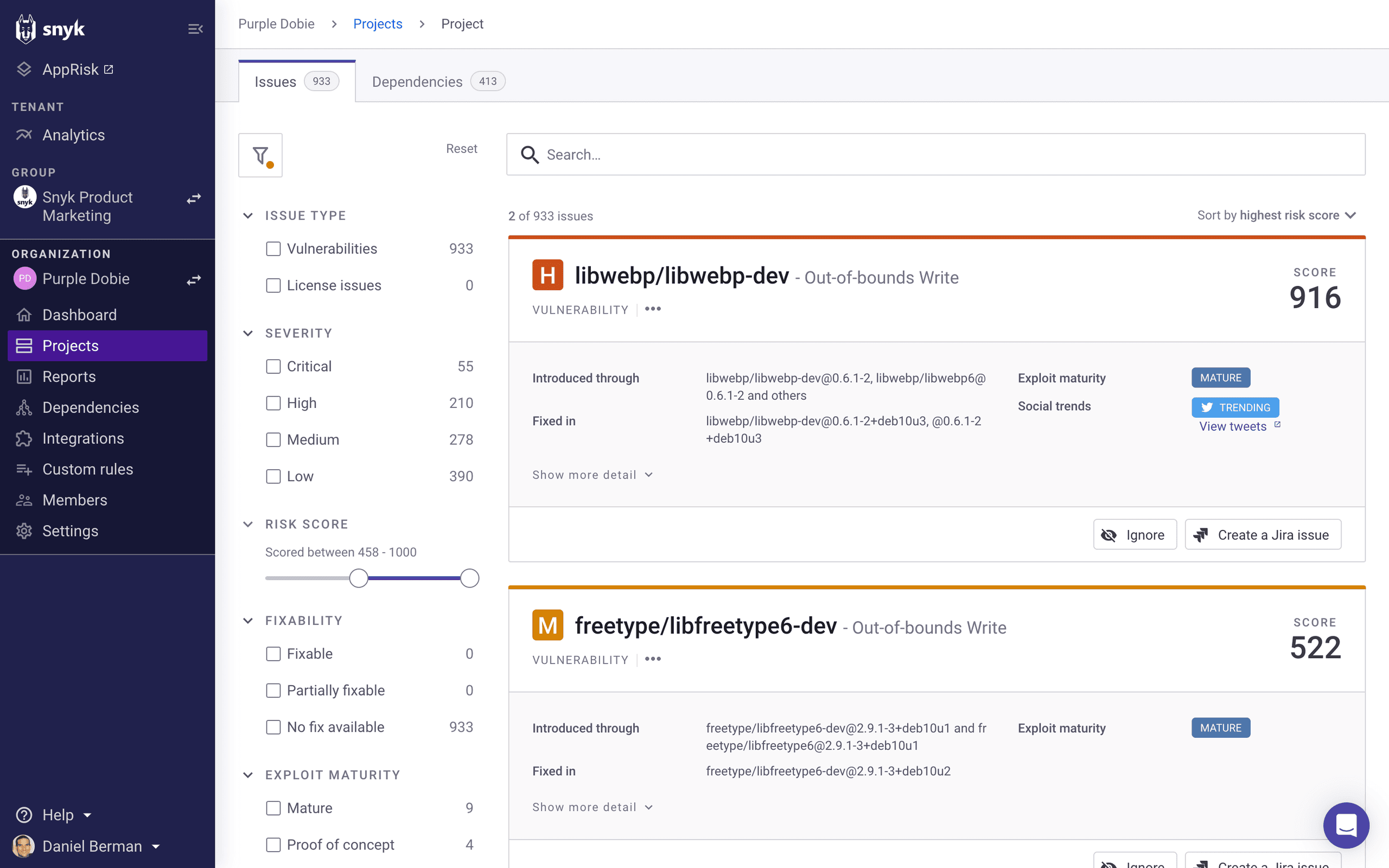 snyk priority score for the libwebp issue