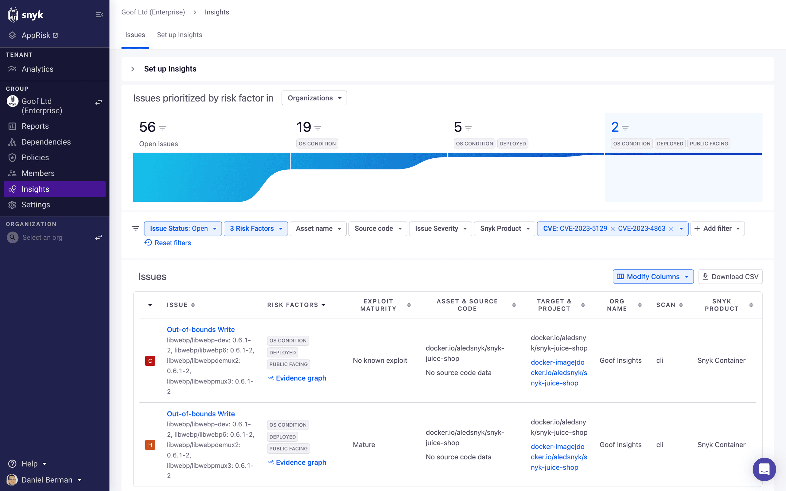 screenshot of the insights report panel in Snyk for the libwebp vulnerability