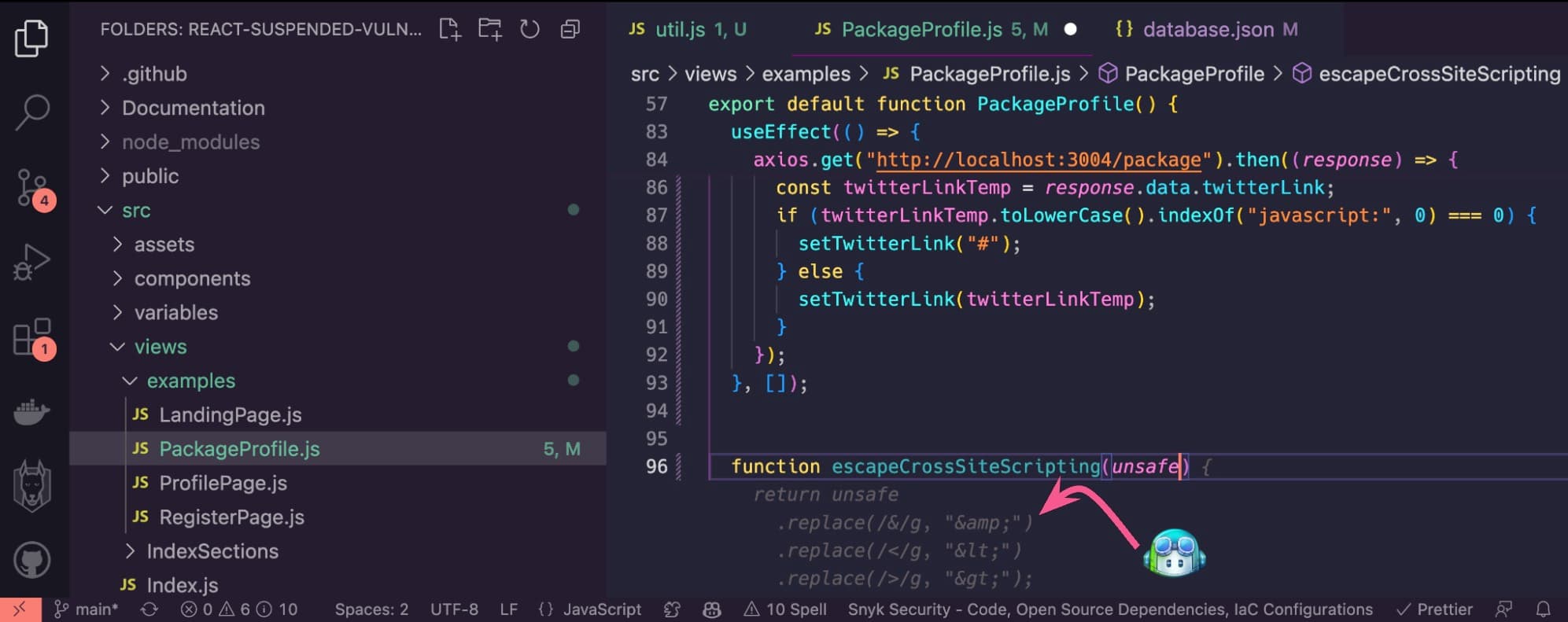 VS Code IDE showing how GitHub Copilot autosuggests code that escapes Cross-site Scripting but is it really a secure code?