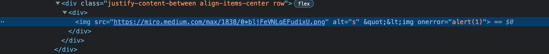 IDE tools show an image tag HTML element with and alt attribute that is closed but user input was able to sneak in an onError attribute with value. However, it didn't trigger a Cross-site Scripting issue.