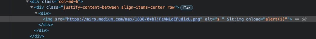 Browser DevTool showing the image HTML tag element that uses an alt attribute and an additional onLoad attribute tag that abuses the image tag to run JavaScript code.