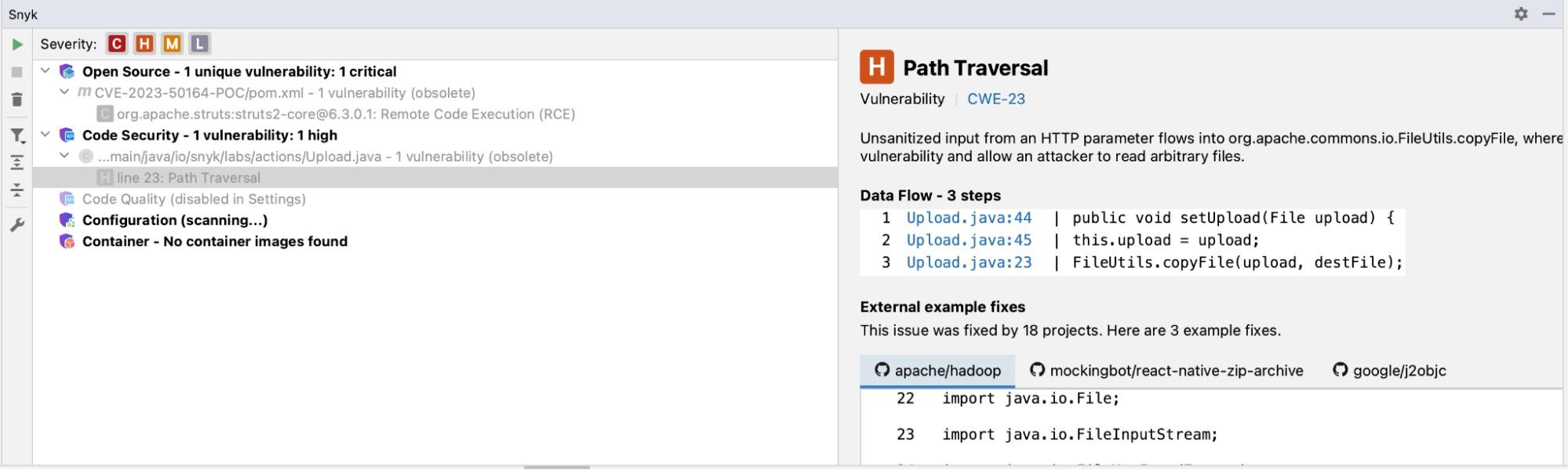 Snyk extension for IntelliJ IDEA detects Path Traversal vulnerability in Struts.