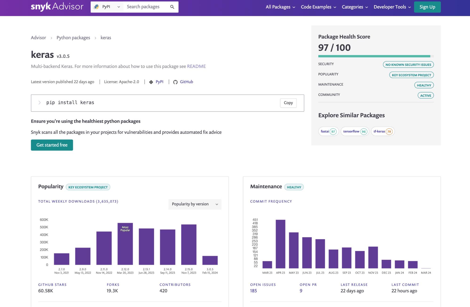 The Snyk Advisor tool providing developers with a package health score for the keras Python package on PyPI.