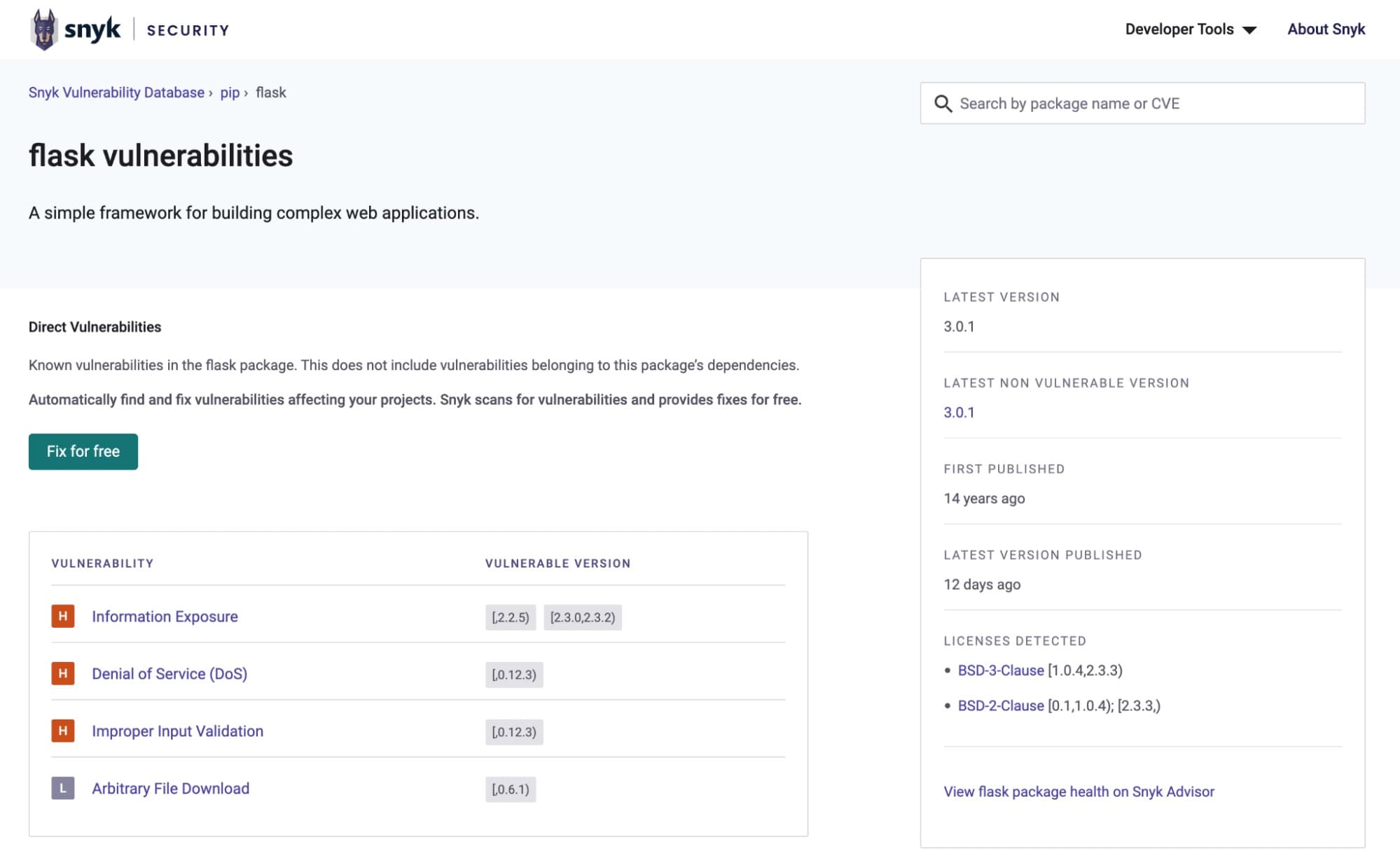  Some of the many security vulnerabilities found for the Python flash library on the Snyk Vulnerability Database.