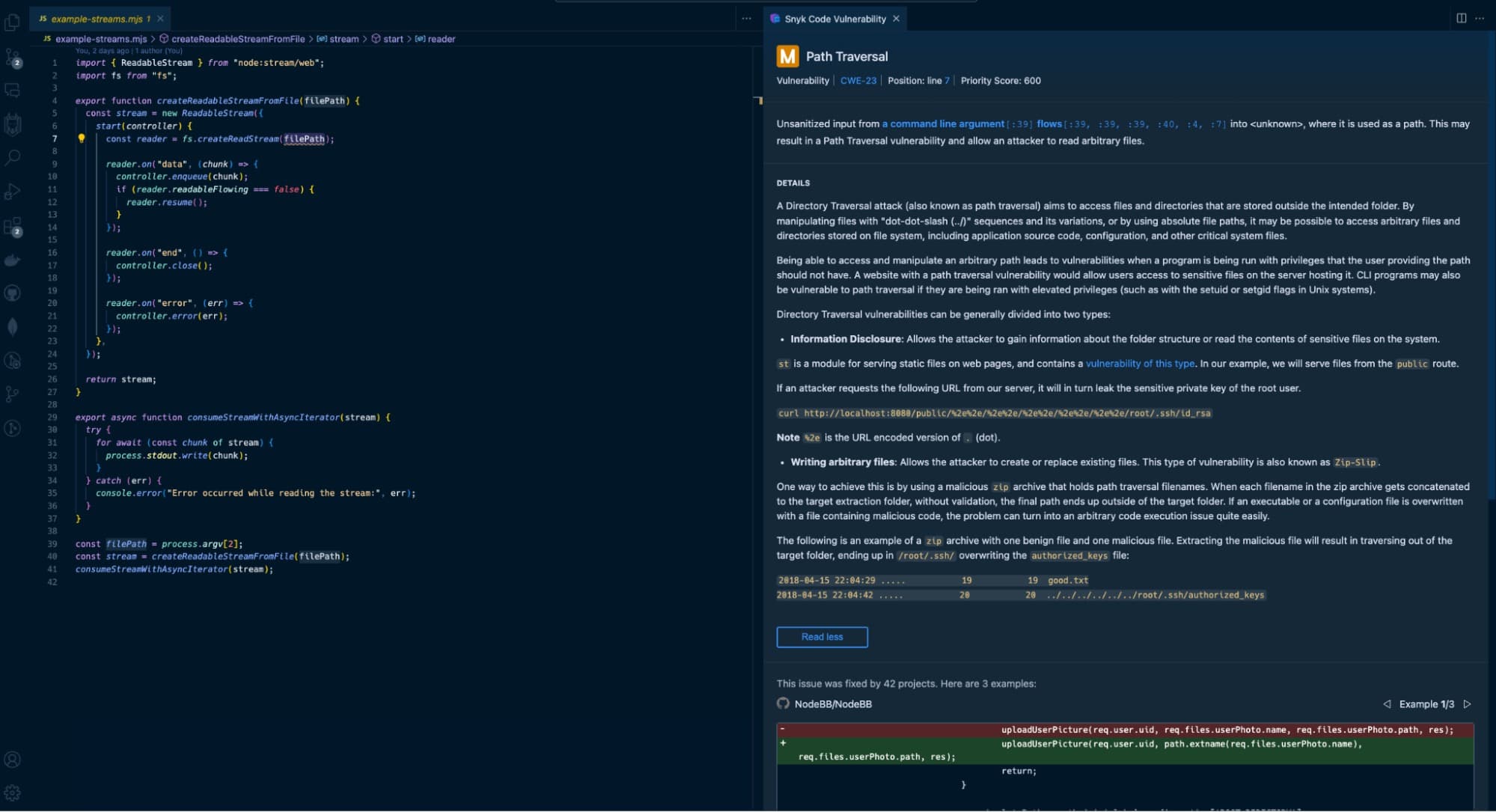 The Snyk VS Code extension finds a security vulnerability in my Node.js backend example code.