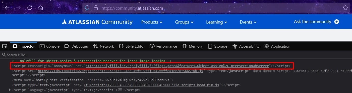 Atlassian community website bundles JavaScript source code from reported malware injection domain polyfill.io.