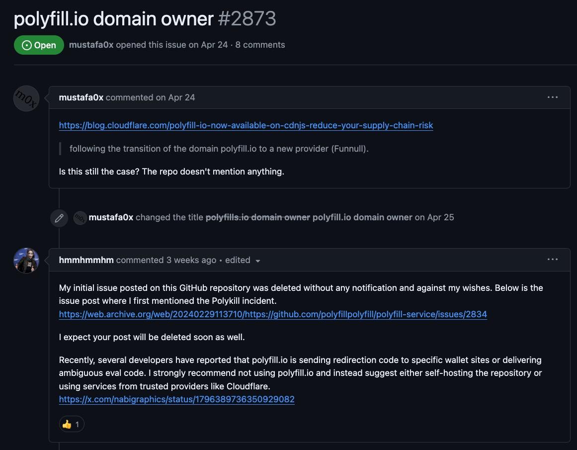 Foul play signals for the polyfill.io ownership transfer to a third-party Chinese company that later accused of distributing malware code for a JavaScript polyfill library