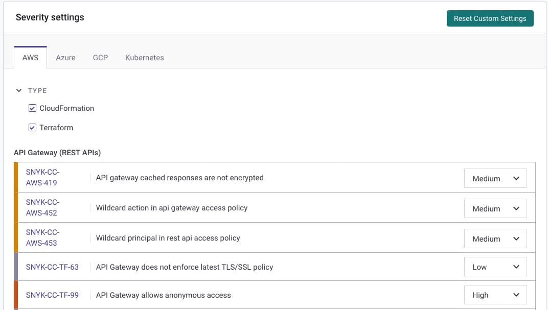 Snyk IaC severity settings and policy configuration.