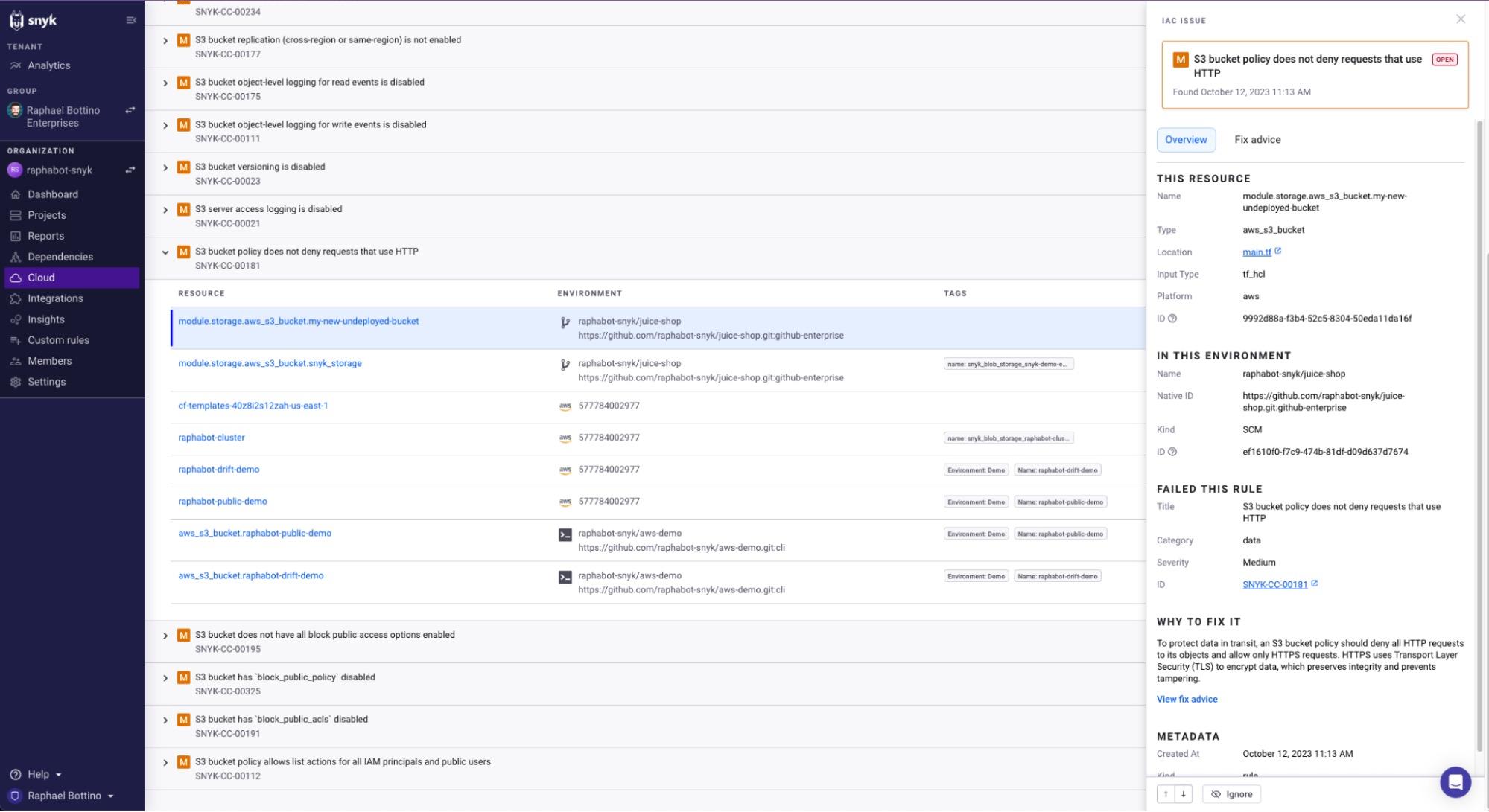 Snyk IaC scan results show a security issue in a misconfigured cloud configuration allowing for an S3 bucket to accept traffic from requests that don't use a secure HTTP transport (HTTPS).