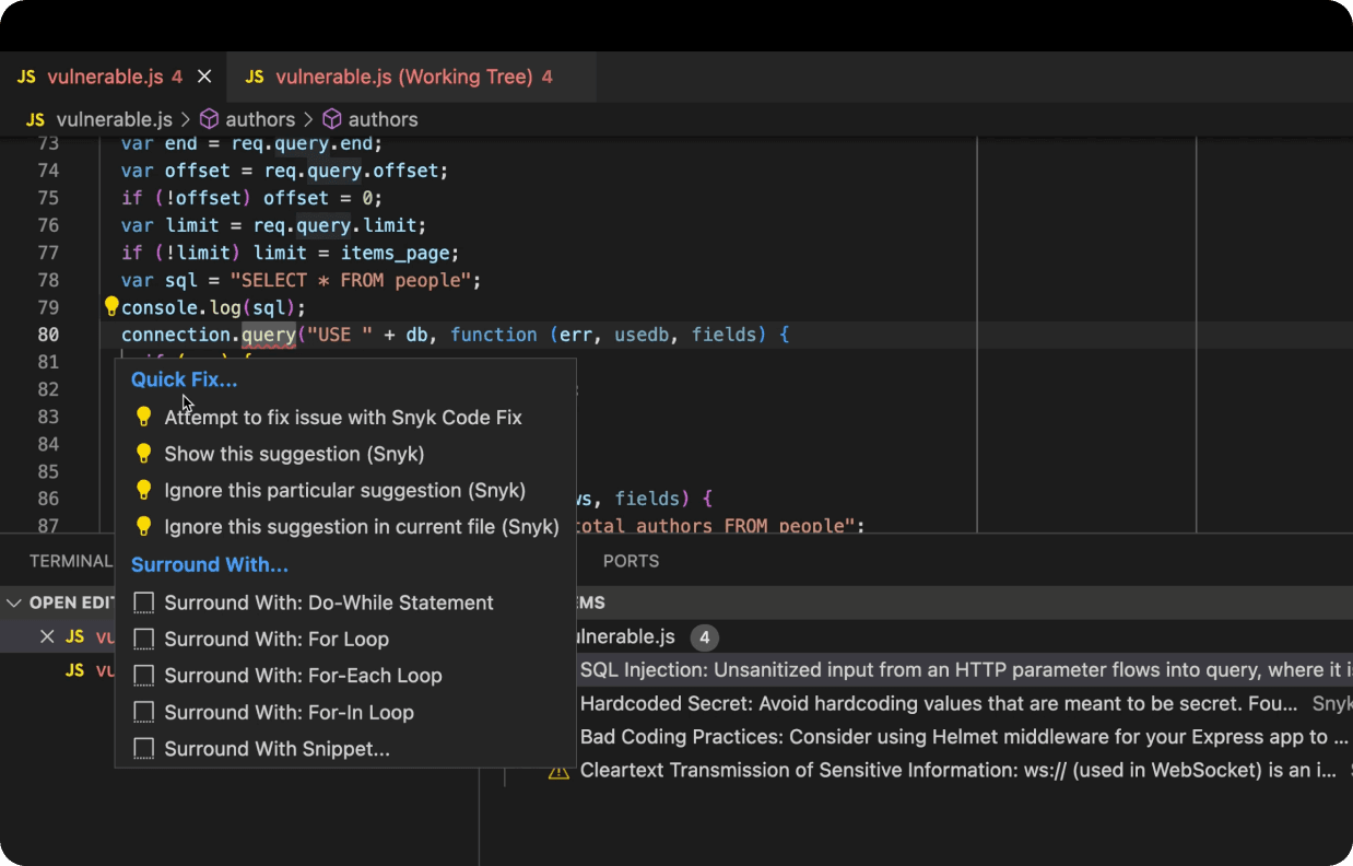 SQL injection in VS Code