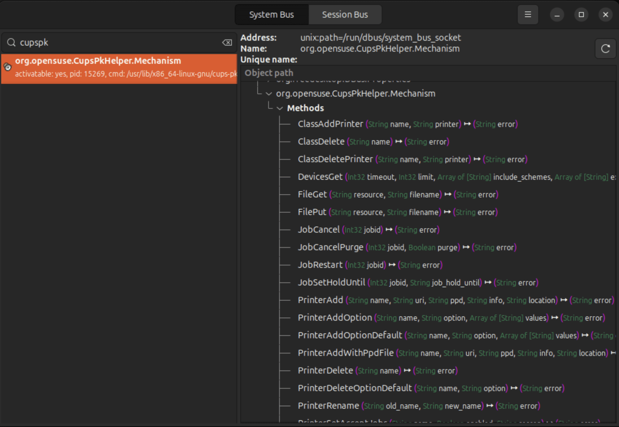 D-feet: Viewing the available methods in the org.opensuse.CupsPkHelper DBus interface