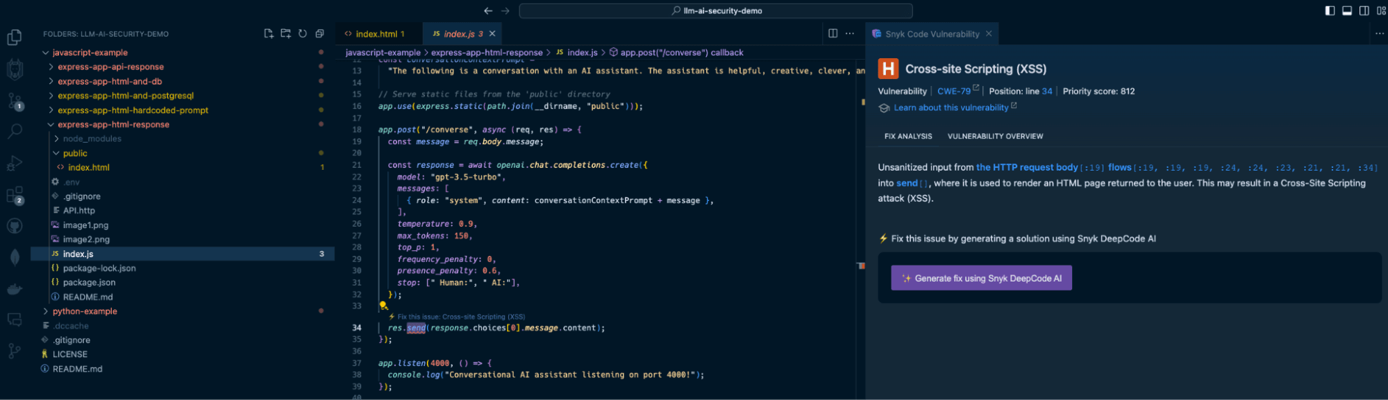 Snyk Code detects LLM Source trigger for Cross-site Scripting in an Express application