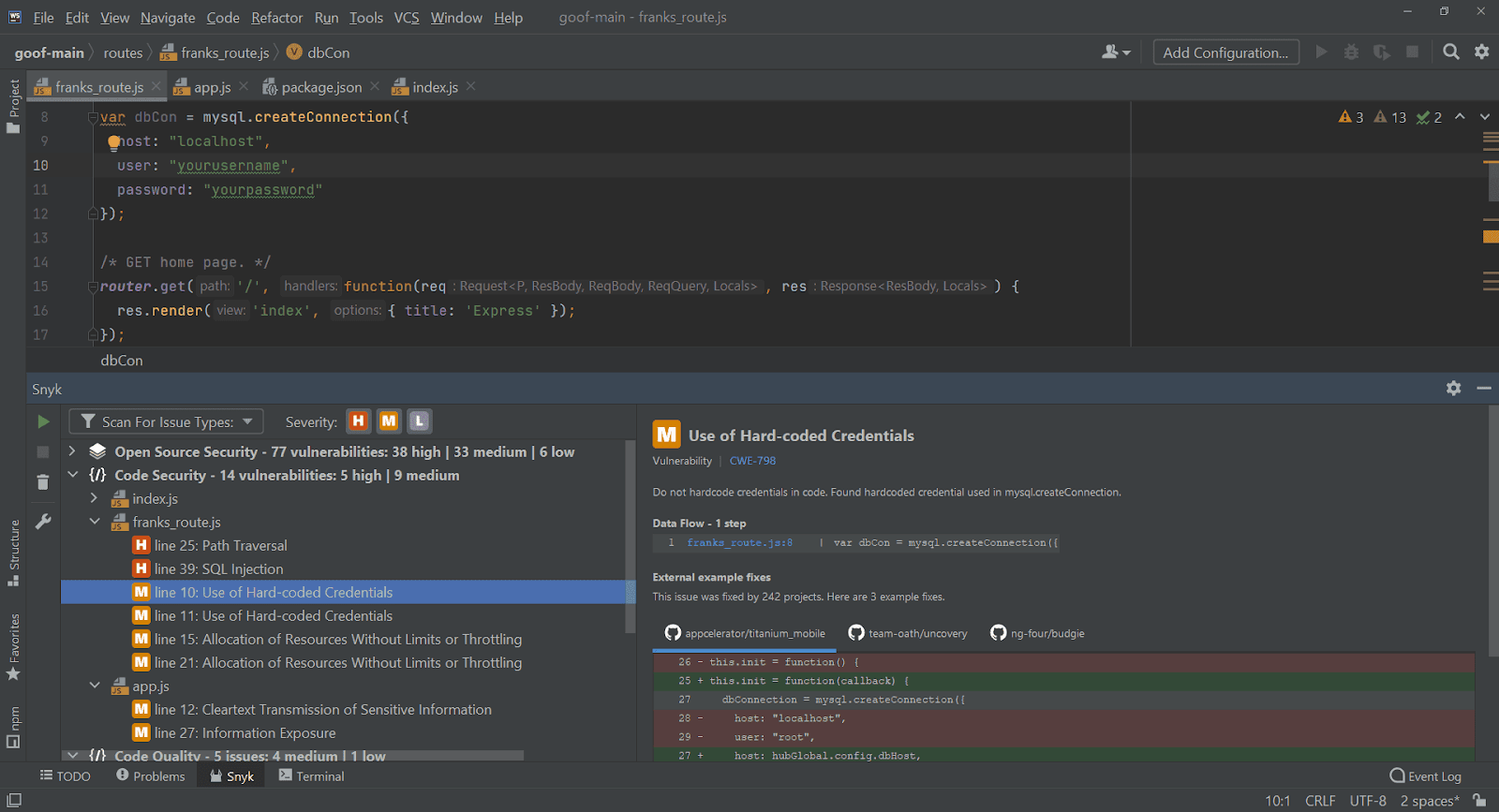 Snyk Code detects hardcoded secrets and database credentials in a JavaScript application using the Snyk InteliJ IDE extension installed